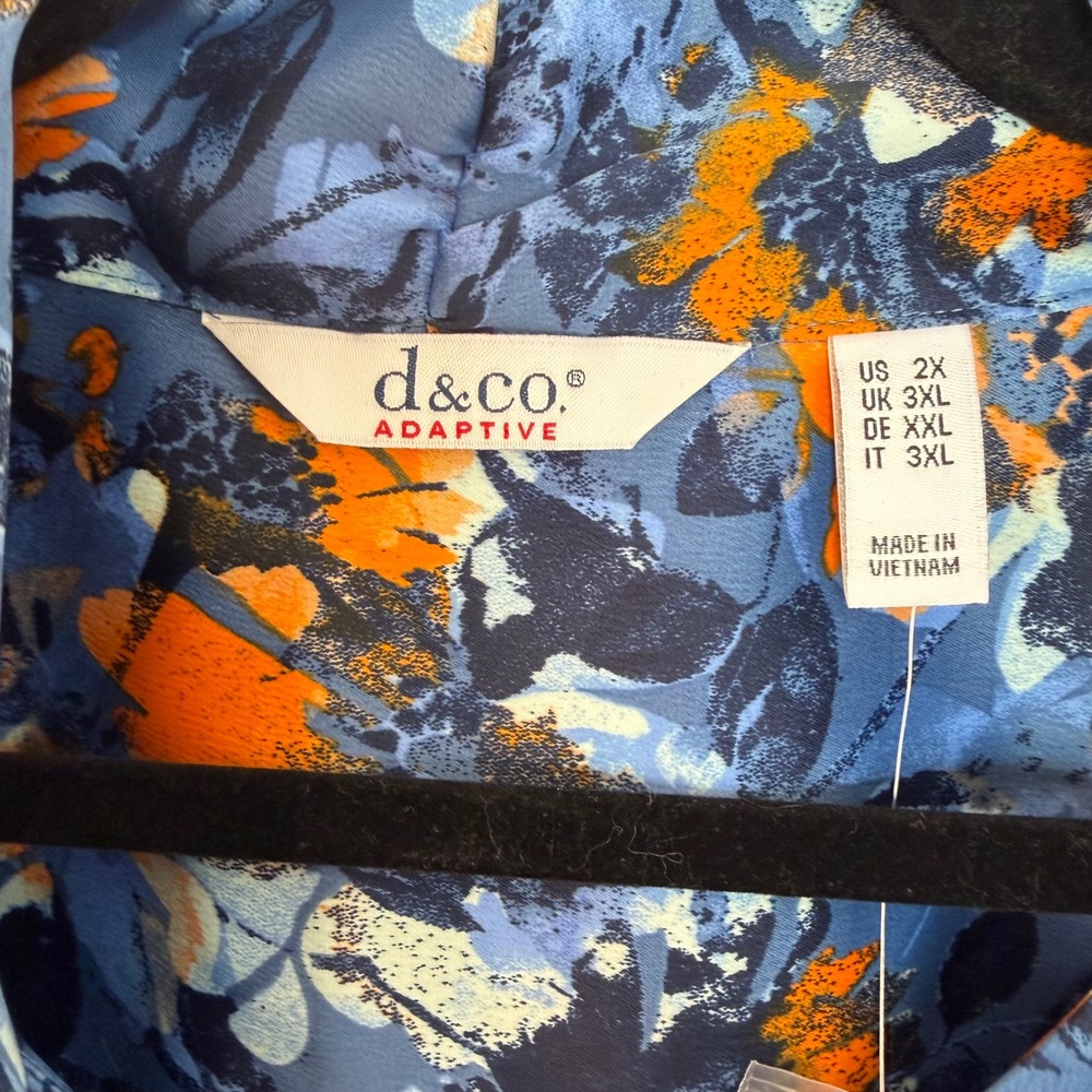 Denim & Co. Adaptive Floral Printed Blouse Neck Tie Detail 2X NEW Blue Orange - Picture 8 of 12